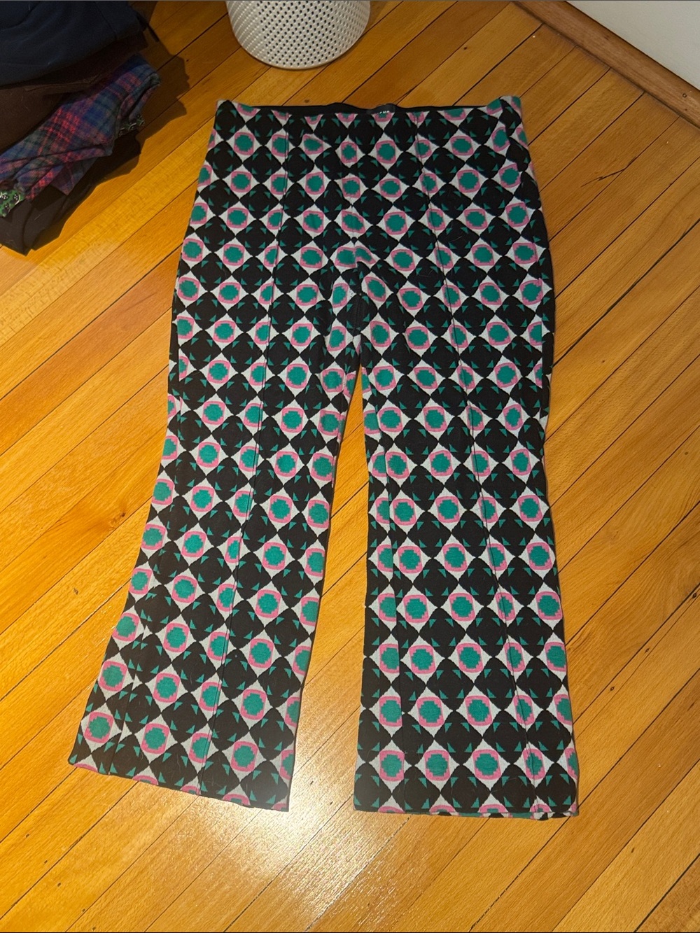 Maeve Black Geo Print Boot-Cut Pants with Pink & Green Motifs